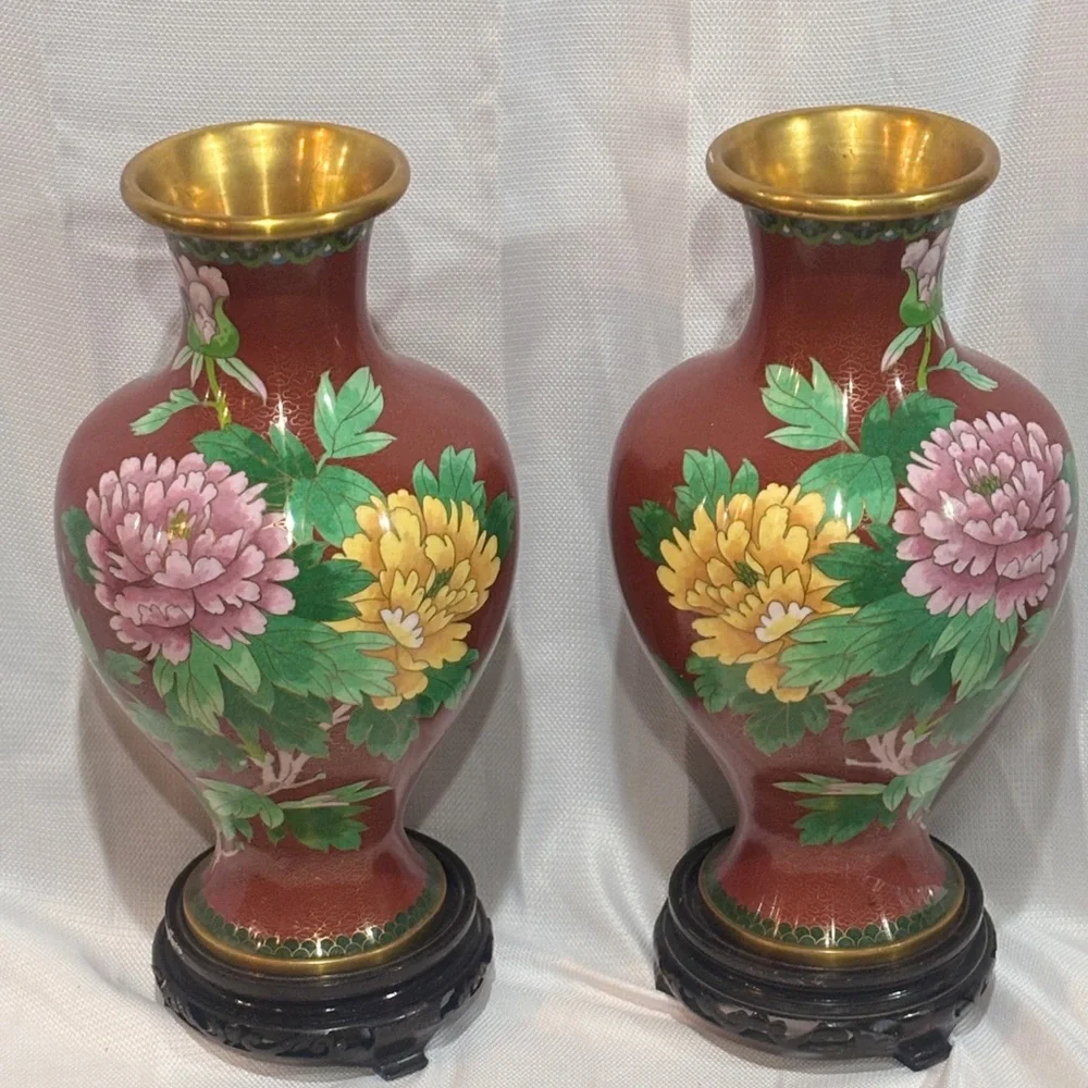 Pair of Vintage Chinese Cloisonné Vases – Red Floral Enamel Brass – 11” Tall w/ - Picture 3 of 15